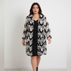Albert Nipon Black and Porcelain Lace Overlay Dress
